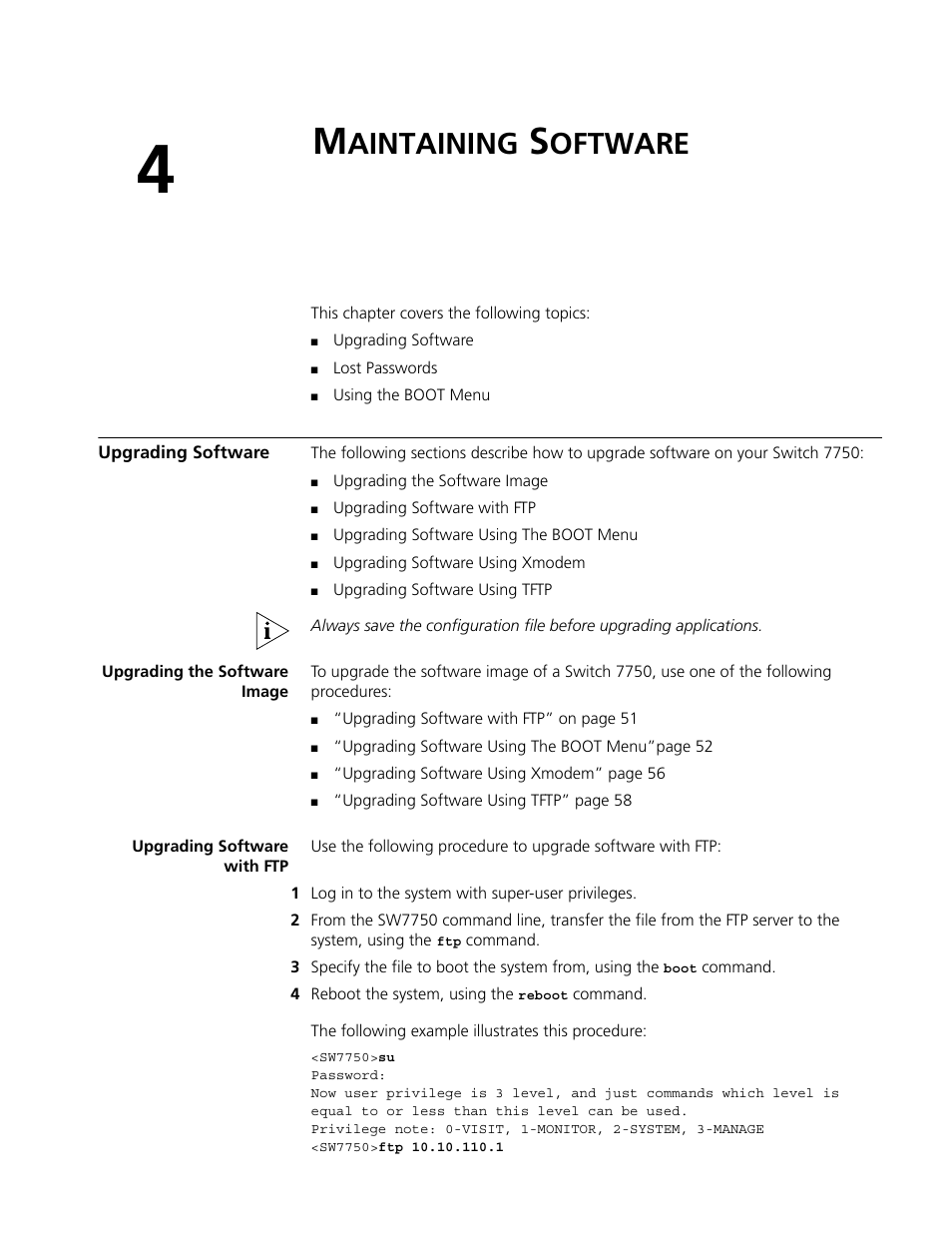 Maintaining software, Upgrading software, Upgrading the software image | Upgrading software with ftp, Aintaining, Oftware, Upgrading software 51 | 3Com 3C16895 User Manual | Page 51 / 74