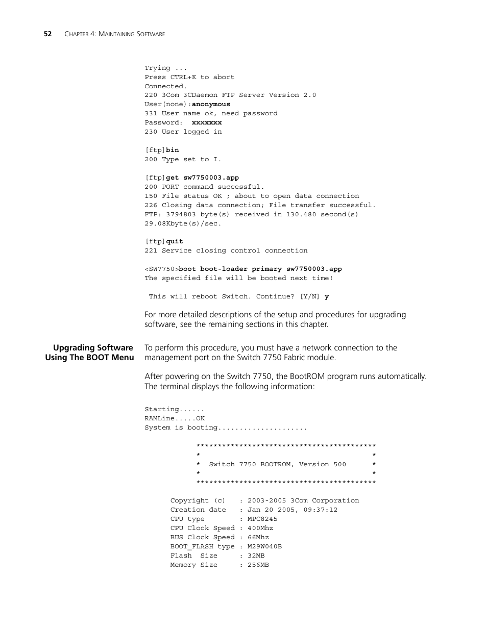Upgrading software using the boot menu, Upgrading software using the boot menu 52 | 3Com 3C16895 User Manual | Page 52 / 74