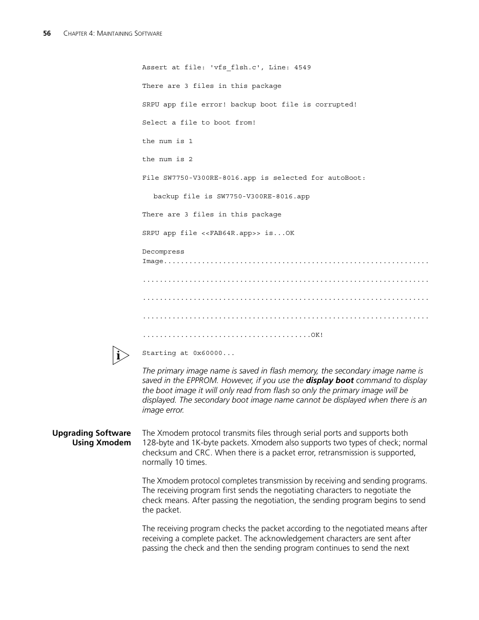 Upgrading software using xmodem, Upgrading software using xmodem 56 | 3Com 3C16895 User Manual | Page 56 / 74