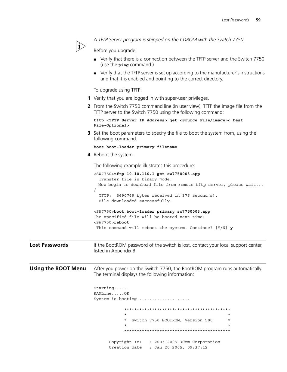 Lost passwords, Using the boot menu, Lost passwords 59 using the boot menu 59 | 3Com 3C16895 User Manual | Page 59 / 74