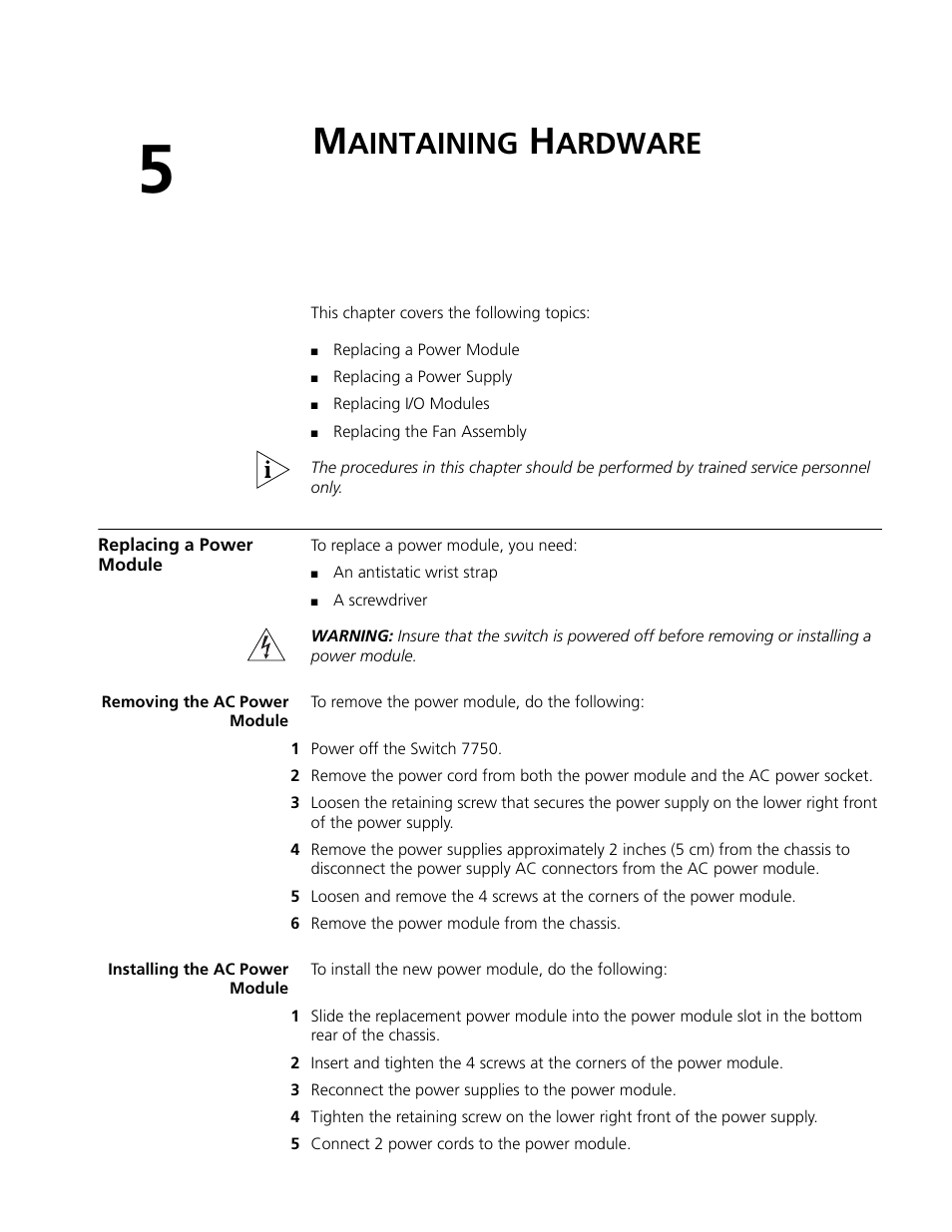 Maintaining hardware, Replacing a power module, Removing the ac power module | Installing the ac power module, Aintaining, Ardware, Replacing a power module 61 | 3Com 3C16895 User Manual | Page 61 / 74