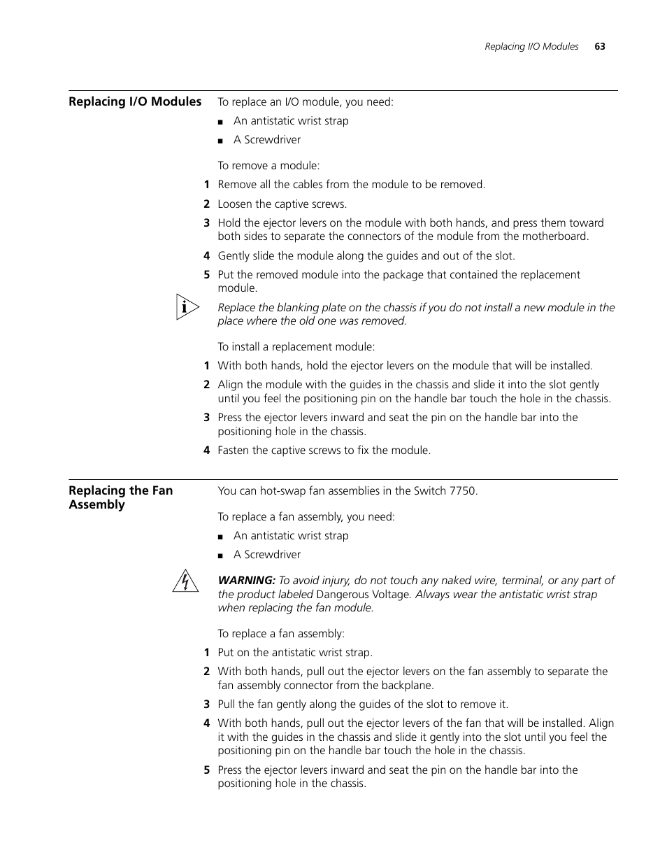 Replacing i/o modules, Replacing the fan assembly | 3Com 3C16895 User Manual | Page 63 / 74