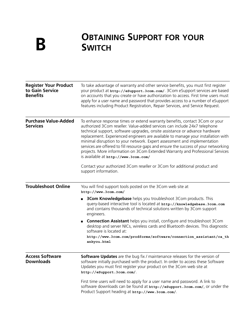 Obtaining support for your switch, Register your product to gain service benefits, Purchase value-added services | Troubleshoot online, Access software downloads, Btaining, Upport, Your, Witch | 3Com 3C16895 User Manual | Page 71 / 74