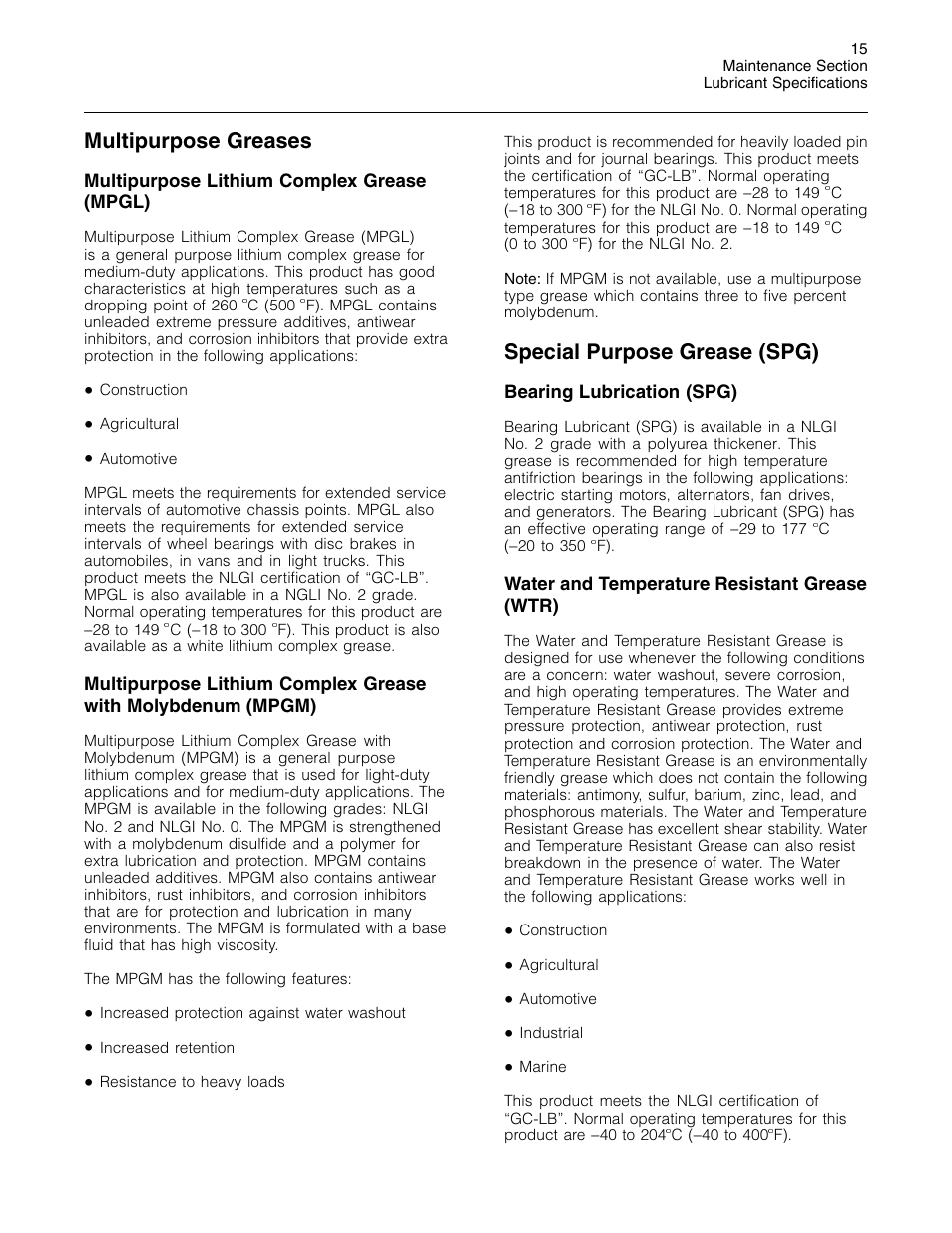 Multipurpose greases, Special purpose grease (spg) | 3Com Caterpillar Commercial Diesel Engine SEBU6251-06 User Manual | Page 15 / 42