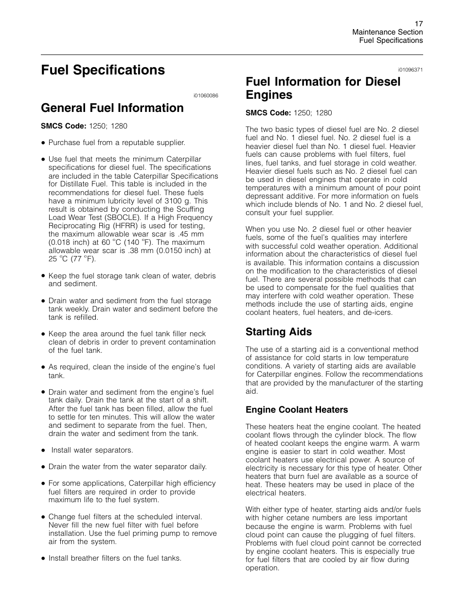 Fuel specifications, General fuel information, Fuel information for diesel engines | Starting aids | 3Com Caterpillar Commercial Diesel Engine SEBU6251-06 User Manual | Page 17 / 42