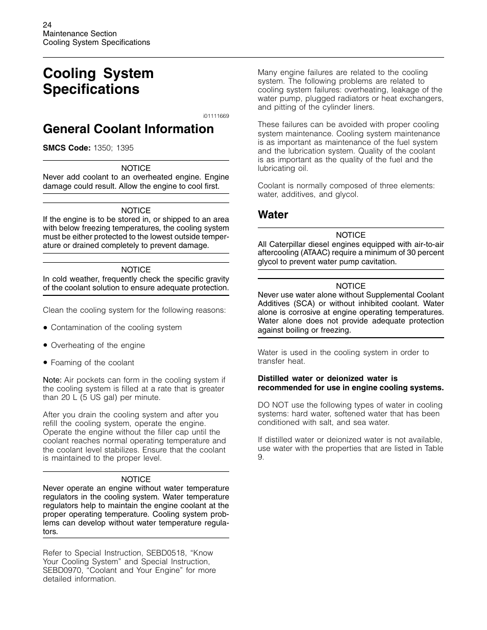 Cooling system specifications, General coolant information, Water | 3Com Caterpillar Commercial Diesel Engine SEBU6251-06 User Manual | Page 24 / 42