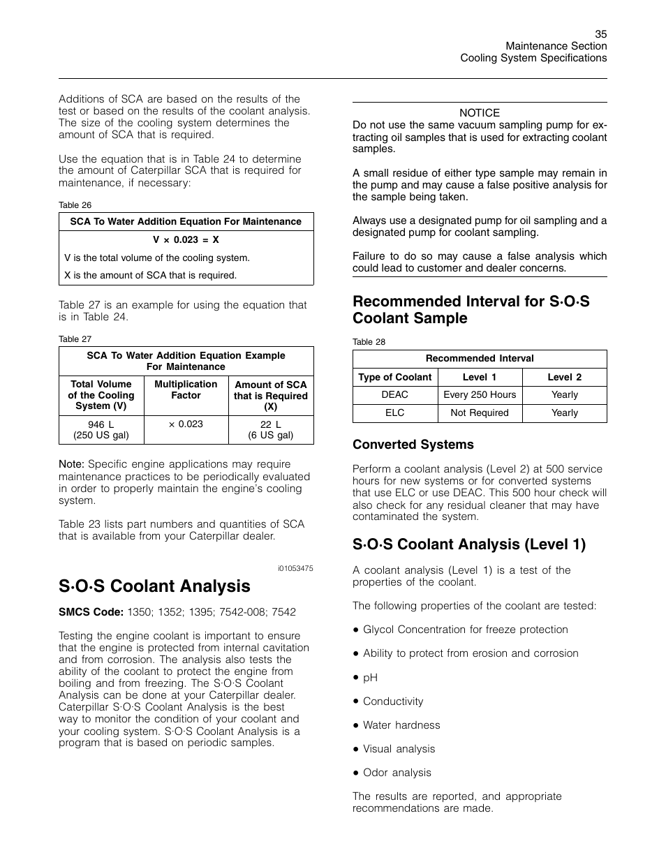 S·o·s coolant analysis, Recommended interval for s·o·s coolant sample, S·o·s coolant analysis (level 1) | 3Com Caterpillar Commercial Diesel Engine SEBU6251-06 User Manual | Page 35 / 42