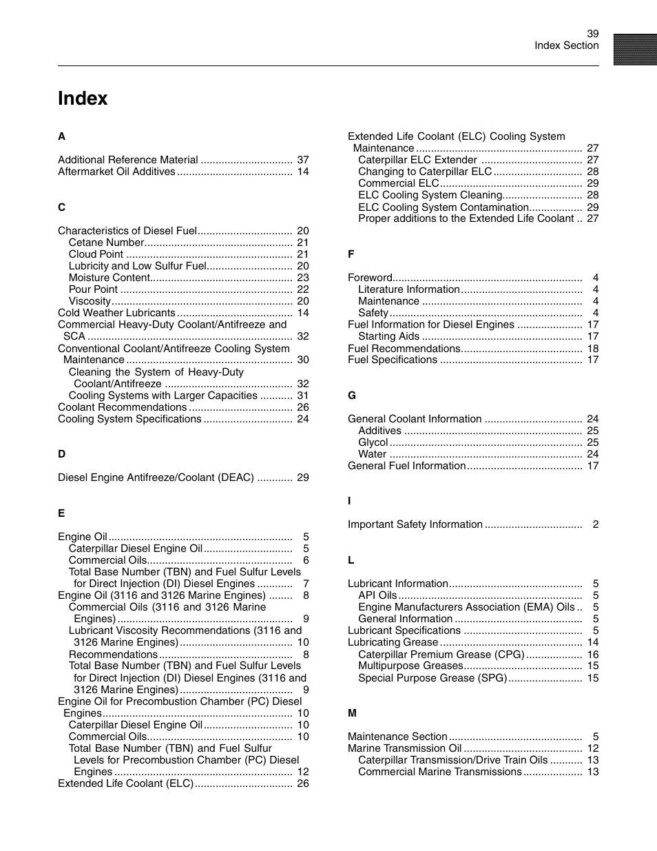 Index | 3Com Caterpillar Commercial Diesel Engine SEBU6251-06 User Manual | Page 39 / 42