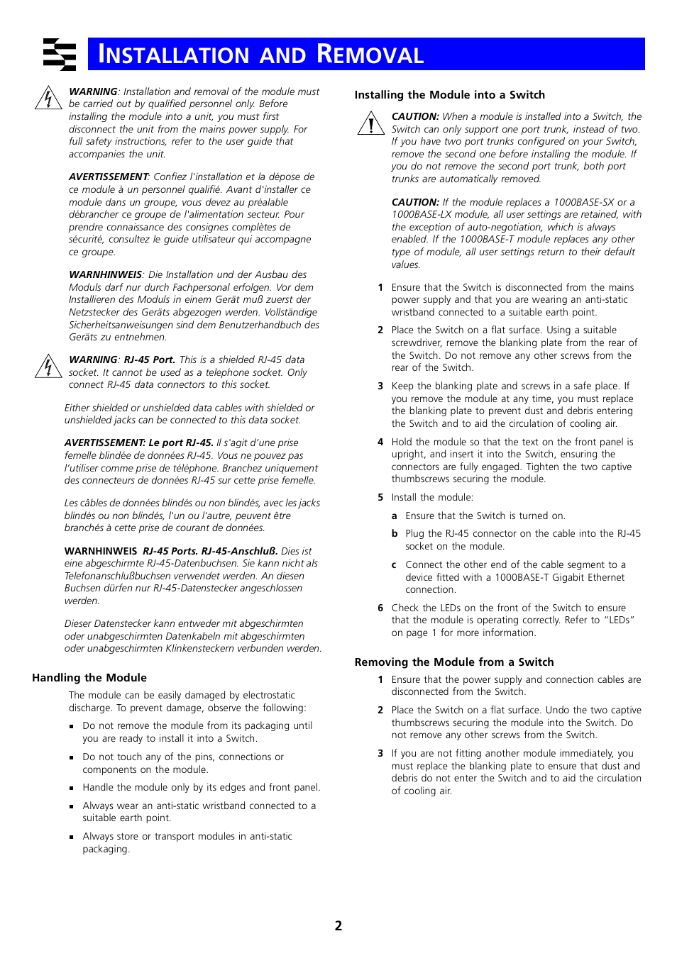 Installation and removal, Handling the module, Installing the module into a switch | Removing the module from a switch, Nstallation, Emoval | 3Com 1000BASE User Manual | Page 2 / 6