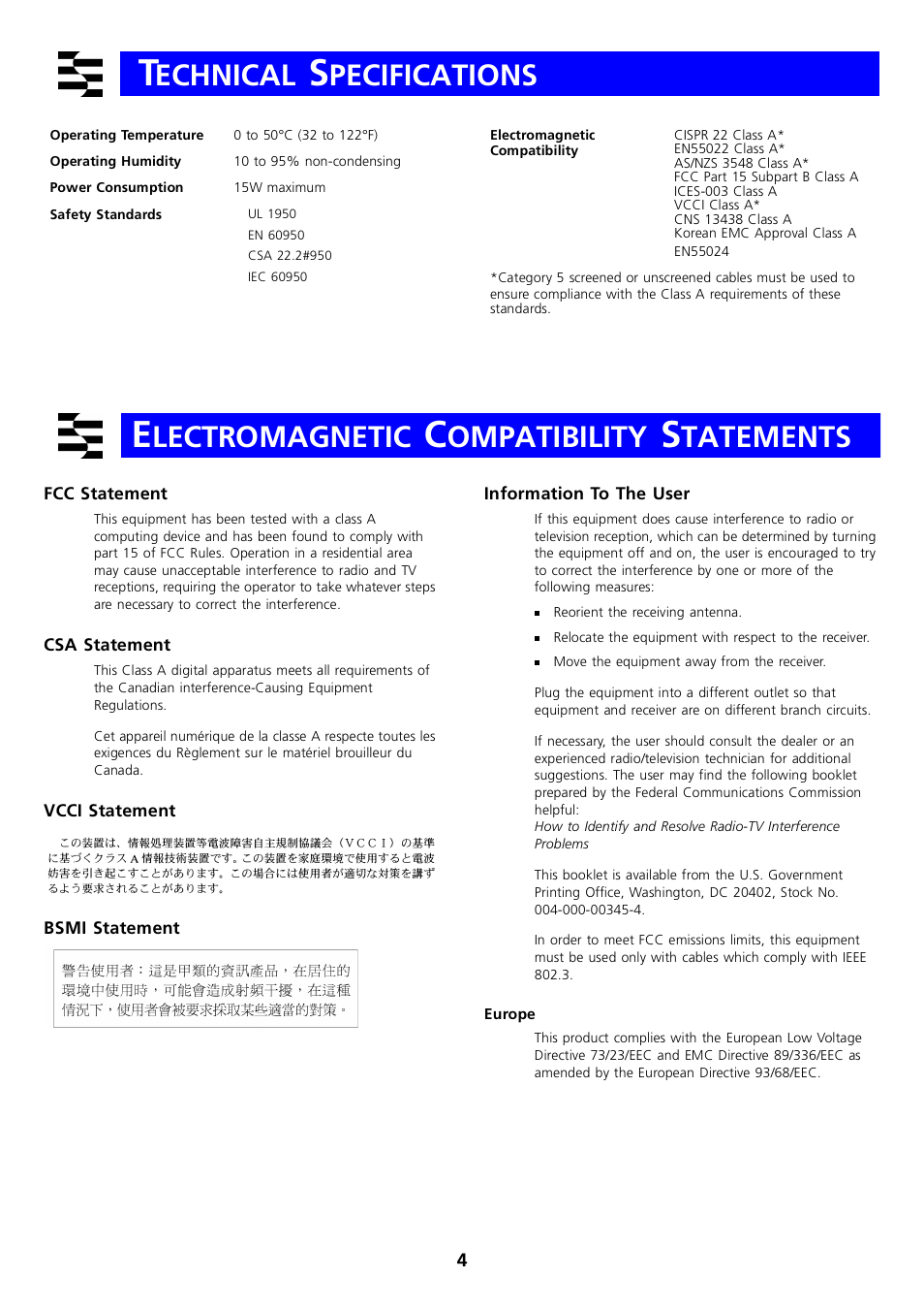 Technical specifications, Electromagnetic compatibility statements, Fcc statement | Csa statement, Vcci statement, Bsmi statement, Information to the user, Europe, Echnical, Pecifications | 3Com 1000BASE User Manual | Page 4 / 6