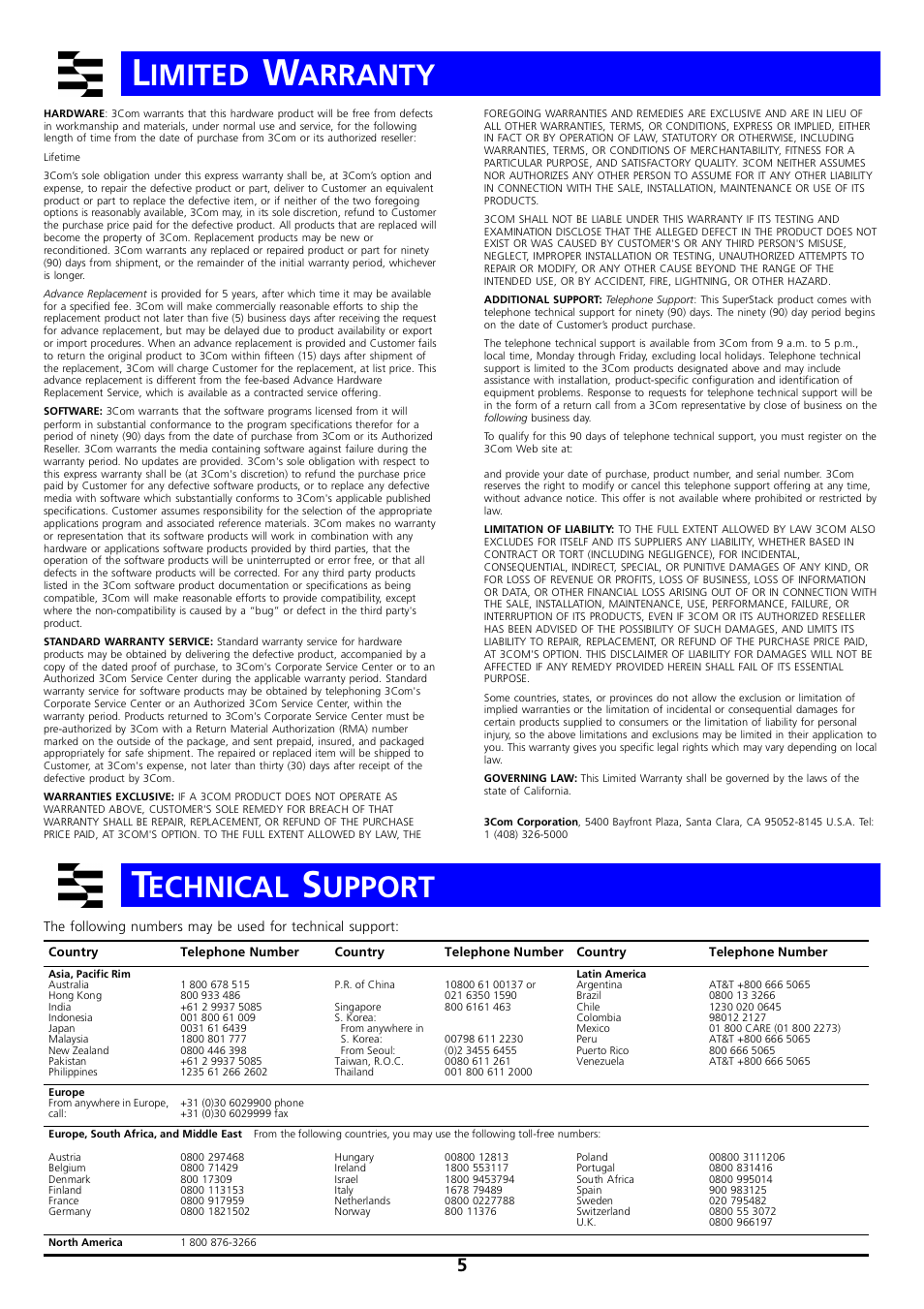 Limited warranty, Technical support, Imited | Arranty, Echnical, Upport | 3Com 1000BASE User Manual | Page 5 / 6