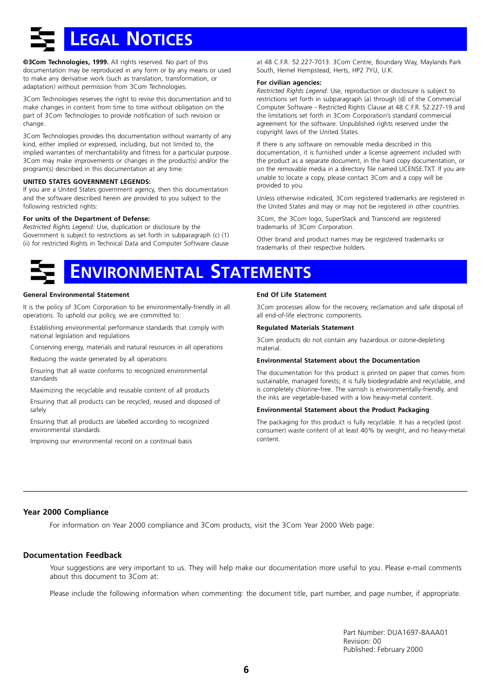 Legal notices, Environmental statements, Year 2000 compliance | Documentation feedback, Egal, Otices, Nvironmental, Tatements | 3Com 1000BASE User Manual | Page 6 / 6