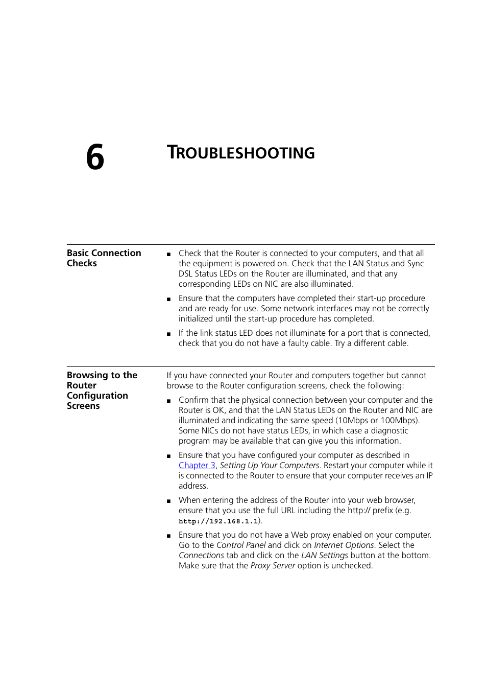 Troubleshooting, Basic connection checks, Browsing to the router configuration screens | Roubleshooting, Chapter 6, R to | 3Com 3CRWDR200A-75 User Manual | Page 101 / 144