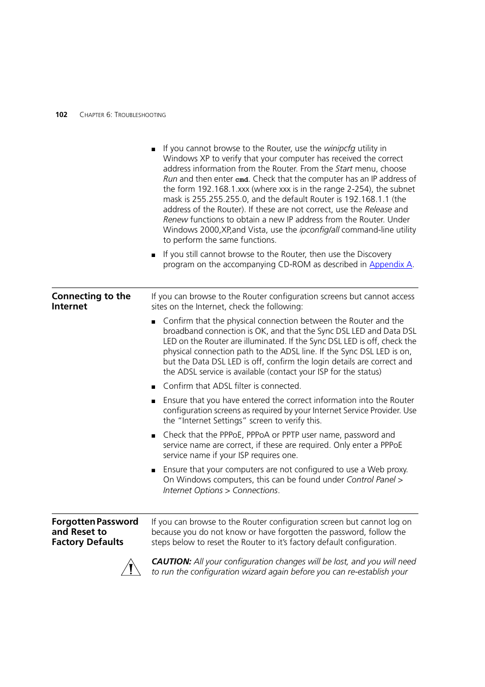 Connecting to the internet, Forgotten password and reset to factory defaults | 3Com 3CRWDR200A-75 User Manual | Page 102 / 144