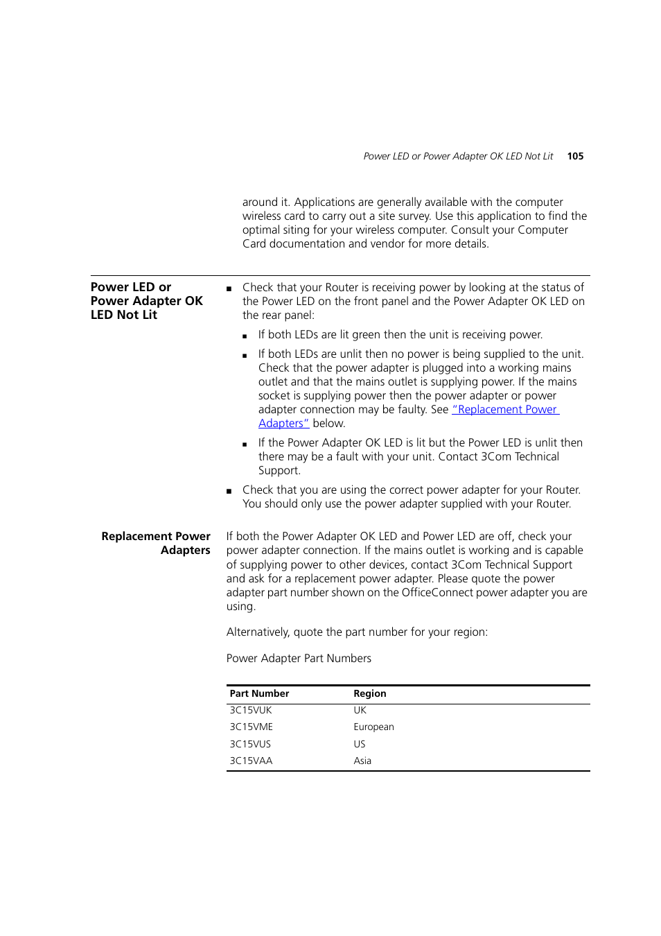 Power led or power adapter ok led not lit, Replacement power adapters | 3Com 3CRWDR200A-75 User Manual | Page 105 / 144