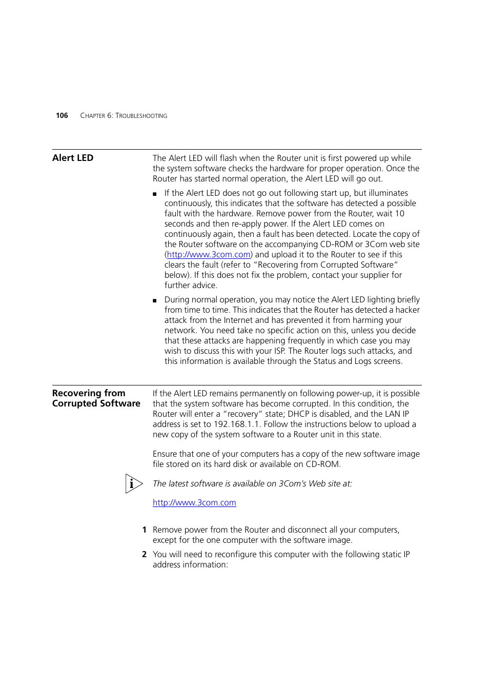 Alert led, Recovering from corrupted software | 3Com 3CRWDR200A-75 User Manual | Page 106 / 144