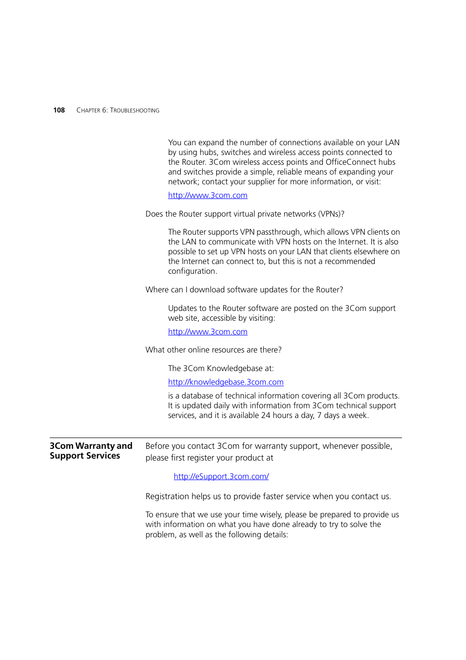 3com warranty and support services | 3Com 3CRWDR200A-75 User Manual | Page 108 / 144