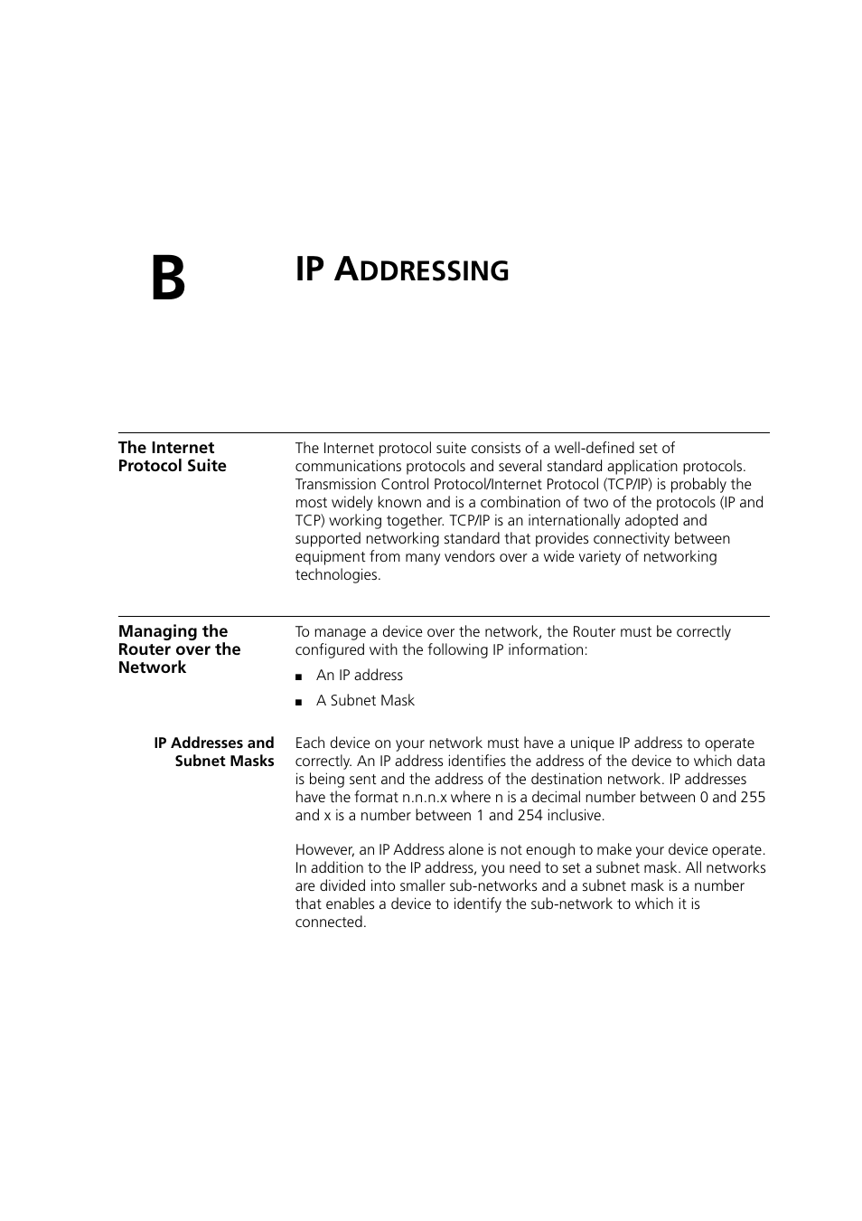 Ip addressing, The internet protocol suite, Managing the router over the network | Ip addresses and subnet masks, Ip a, Ddressing | 3Com 3CRWDR200A-75 User Manual | Page 113 / 144