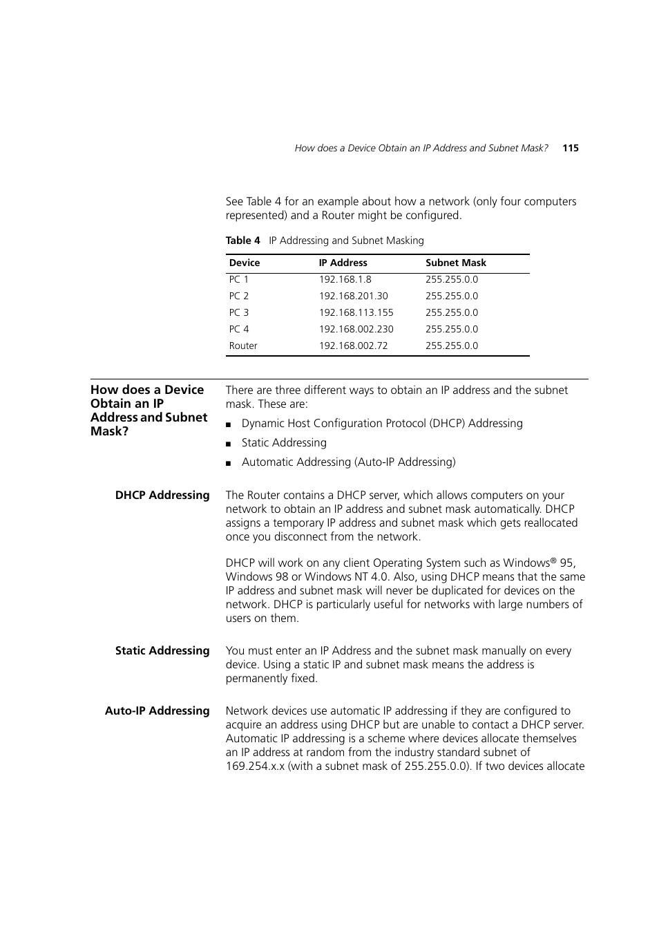 Dhcp addressing, Static addressing, Auto-ip addressing | 3Com 3CRWDR200A-75 User Manual | Page 115 / 144