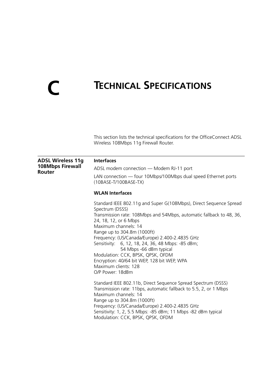 Technical specifications, Adsl wireless 11g 108mbps firewall router, Echnical | Pecifications | 3Com 3CRWDR200A-75 User Manual | Page 117 / 144