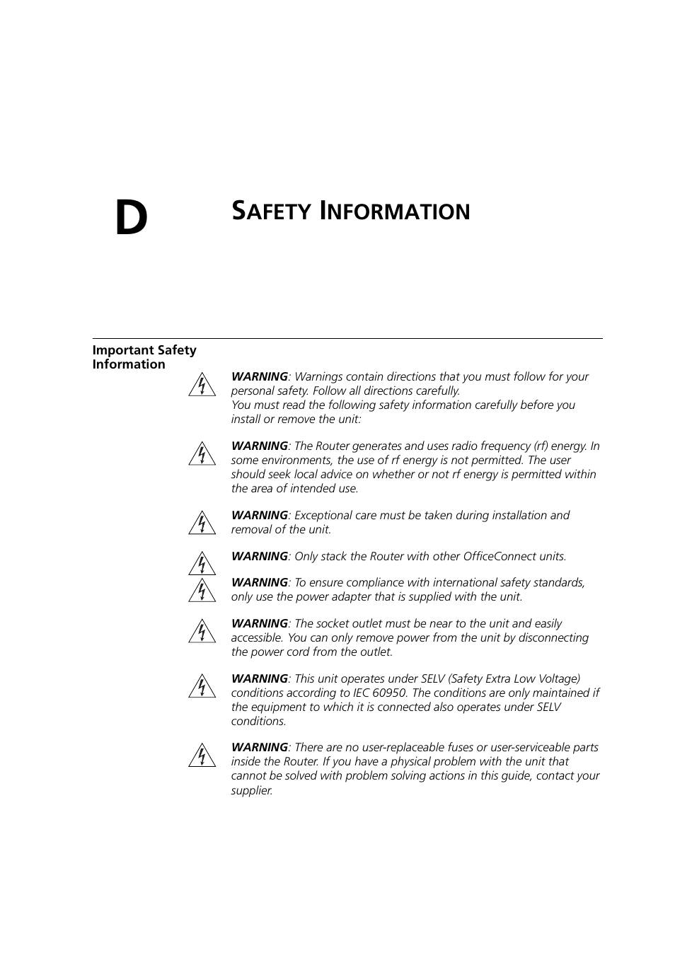 Safety information, Important safety information, Afety | Nformation, Appendix d | 3Com 3CRWDR200A-75 User Manual | Page 121 / 144