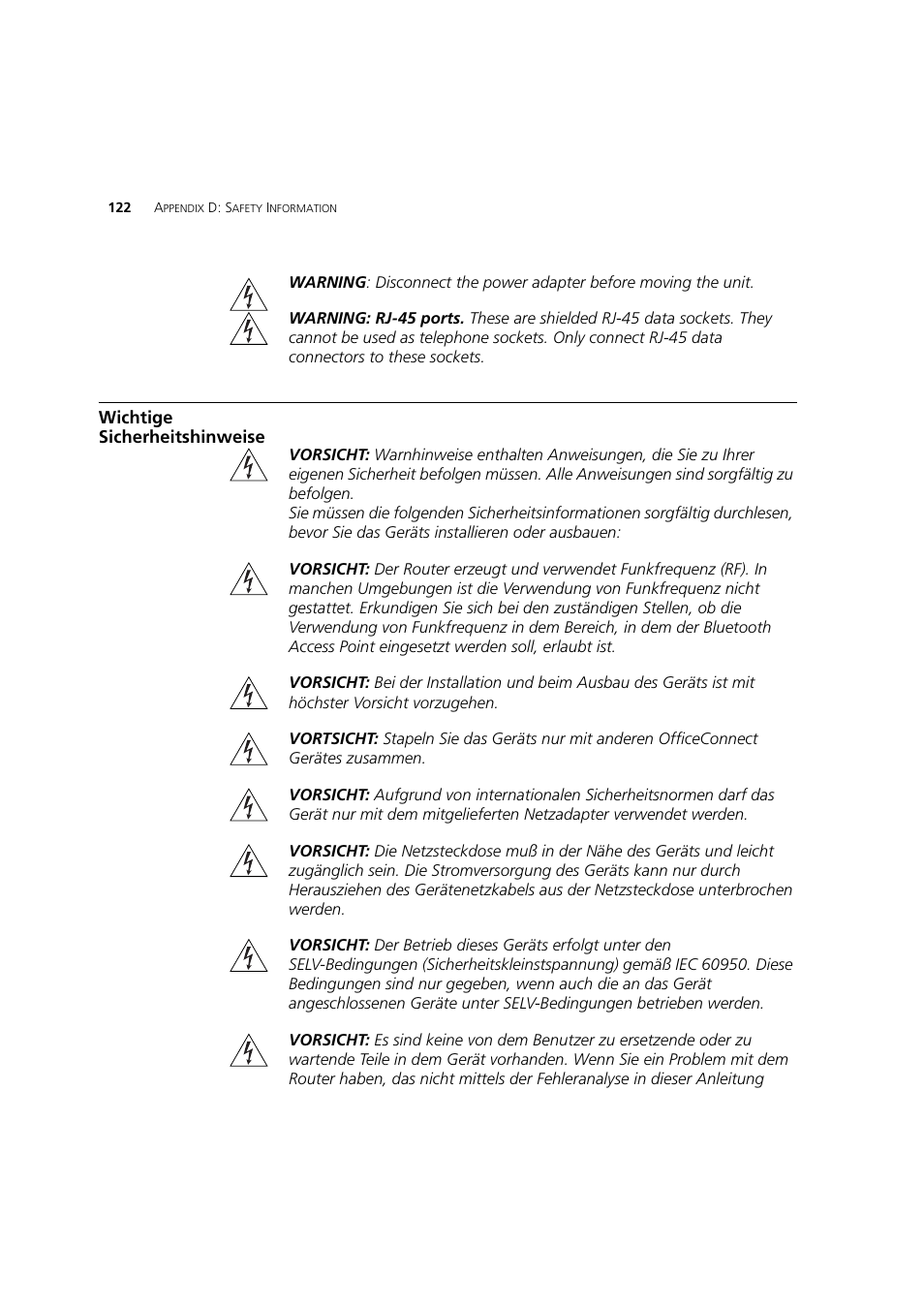 Wichtige sicherheitshinweise | 3Com 3CRWDR200A-75 User Manual | Page 122 / 144