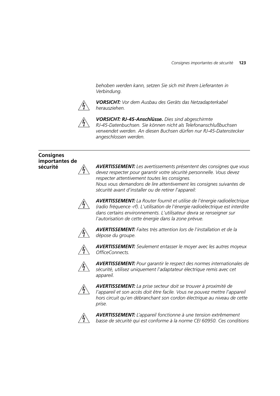 Consignes importantes de sécurité, Ivement la section, Consignes | Importantes de sécurité, Avant | 3Com 3CRWDR200A-75 User Manual | Page 123 / 144