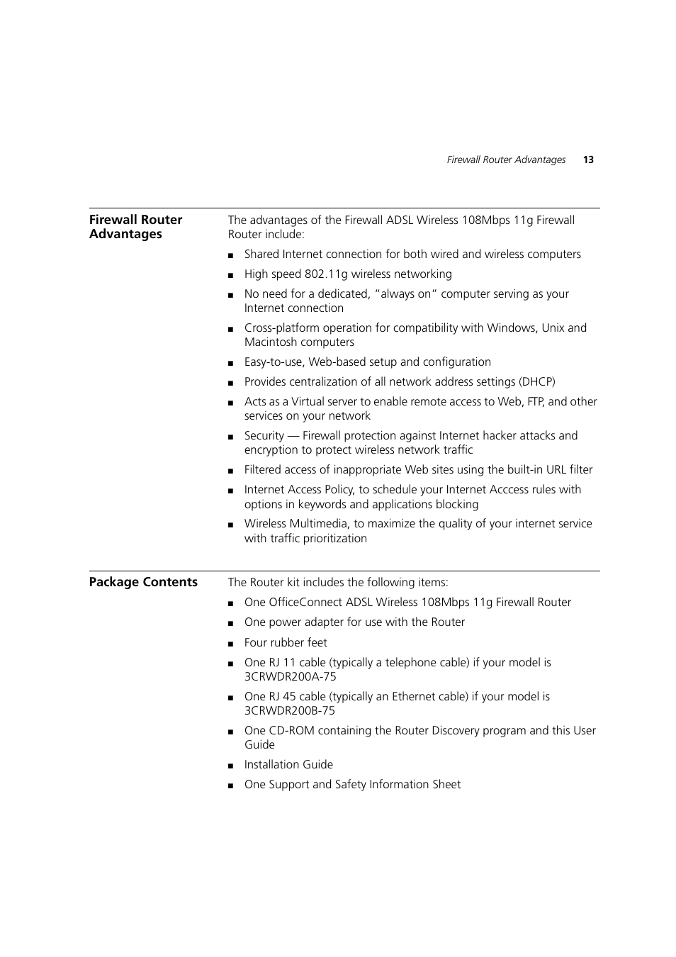 Firewall router advantages, Package contents | 3Com 3CRWDR200A-75 User Manual | Page 13 / 144