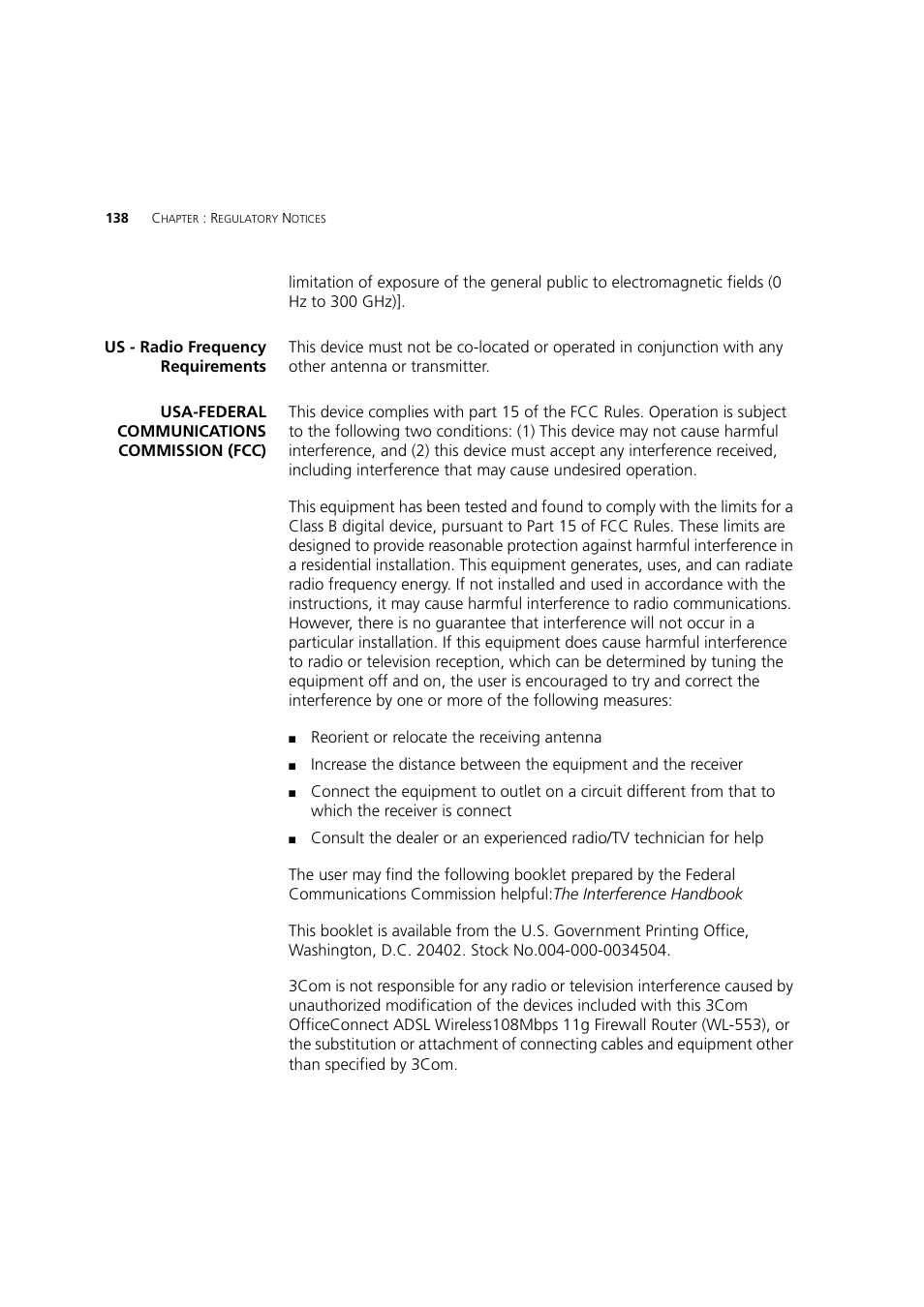 Us - radio frequency requirements, Usa-federal communications commission (fcc) | 3Com 3CRWDR200A-75 User Manual | Page 138 / 144