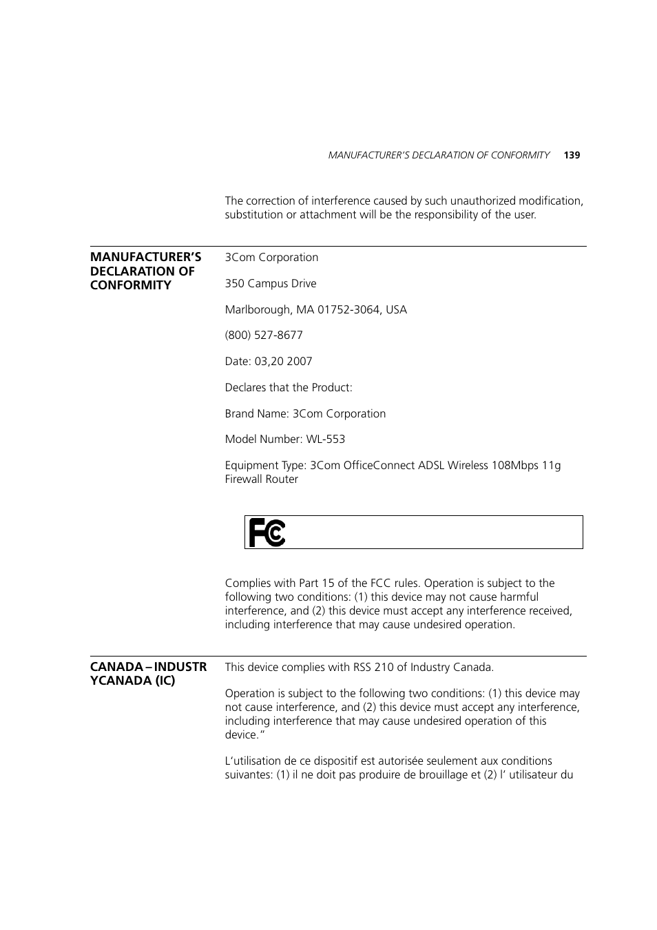 Manufacturer’s declaration of conformity, Canada - industr ycanada (ic), Canada – industr ycanada (ic) | 3Com 3CRWDR200A-75 User Manual | Page 139 / 144