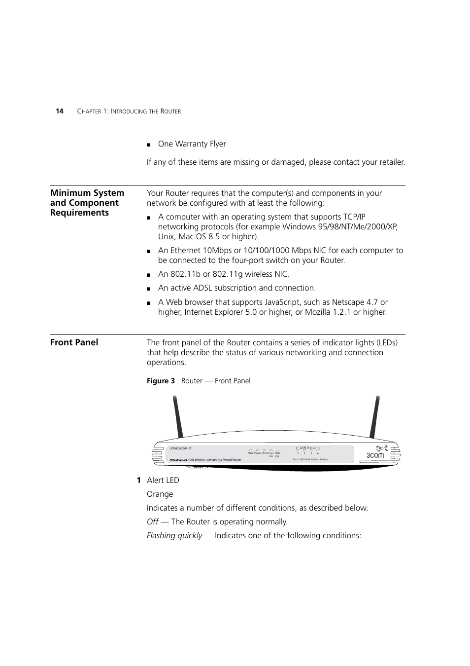 Minimum system and component requirements, Front panel | 3Com 3CRWDR200A-75 User Manual | Page 14 / 144
