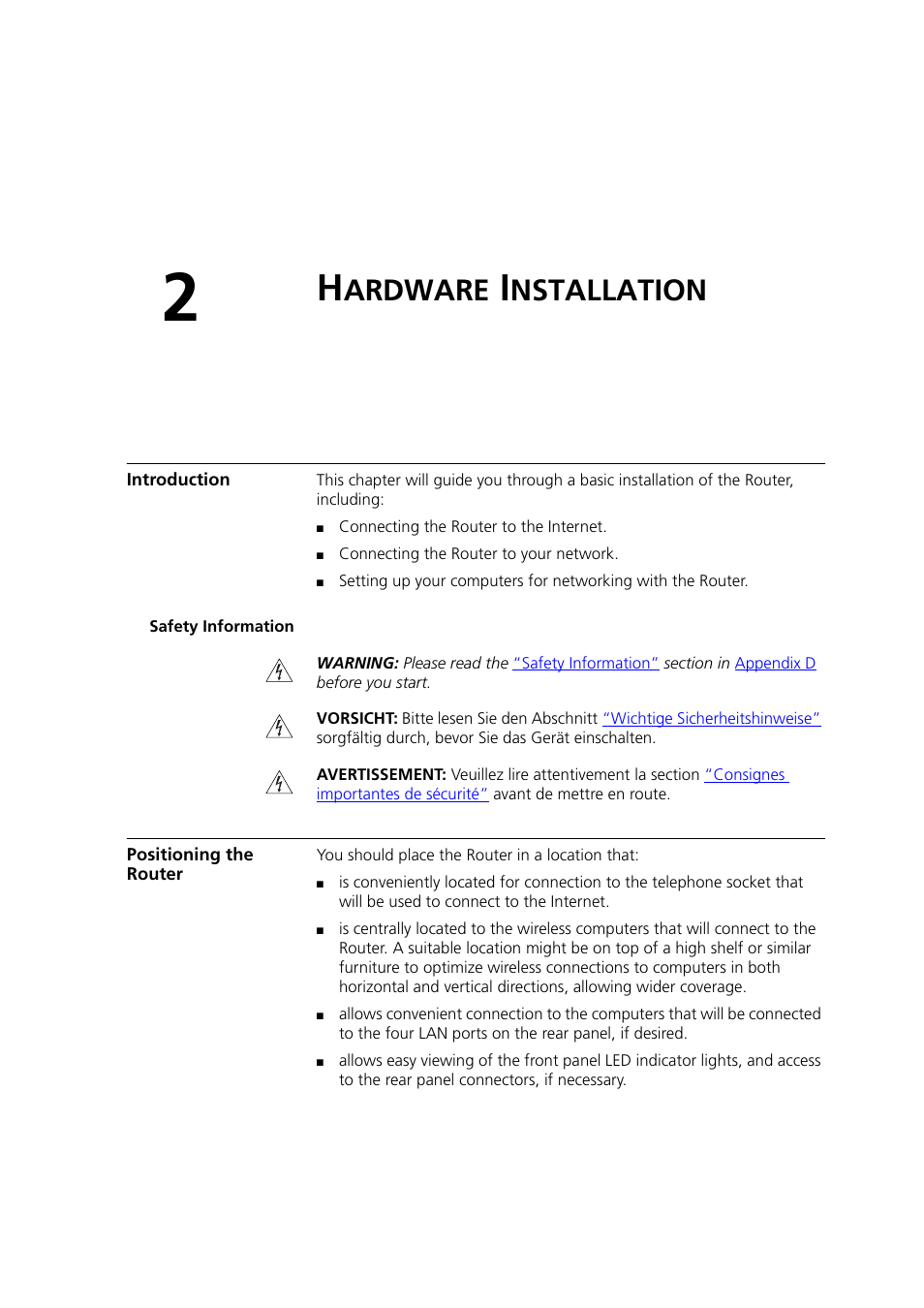 Hardware installation, Introduction, Safety information | Positioning the router, Ardware, Nstallation | 3Com 3CRWDR200A-75 User Manual | Page 19 / 144