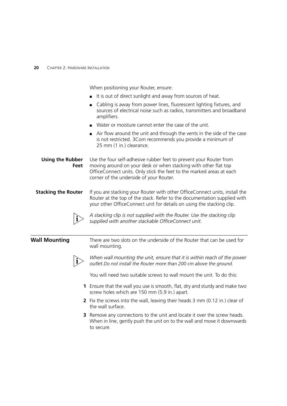 Using the rubber feet, Stacking the router, Wall mounting | 3Com 3CRWDR200A-75 User Manual | Page 20 / 144