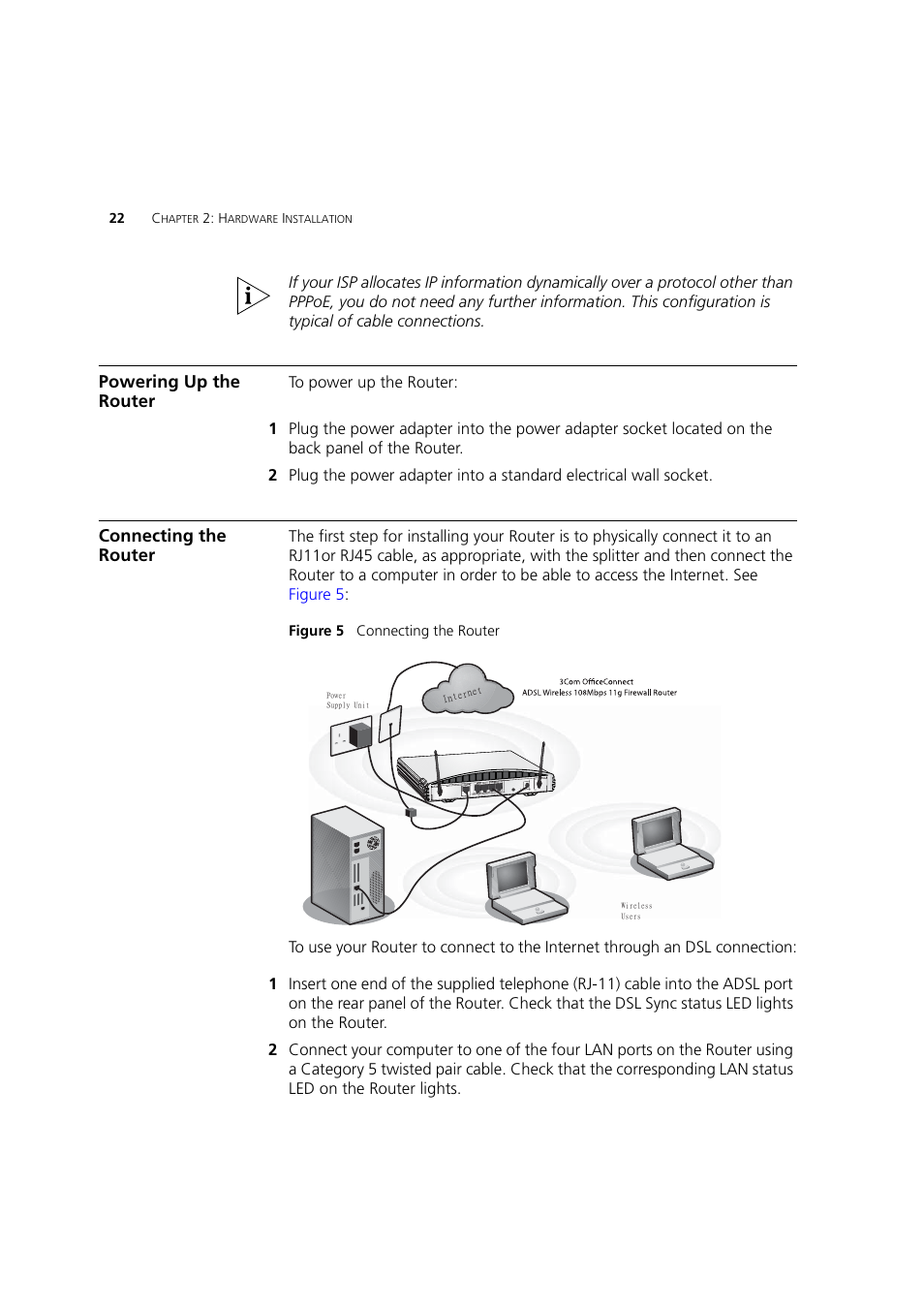 Powering up the router, Connecting the router | 3Com 3CRWDR200A-75 User Manual | Page 22 / 144