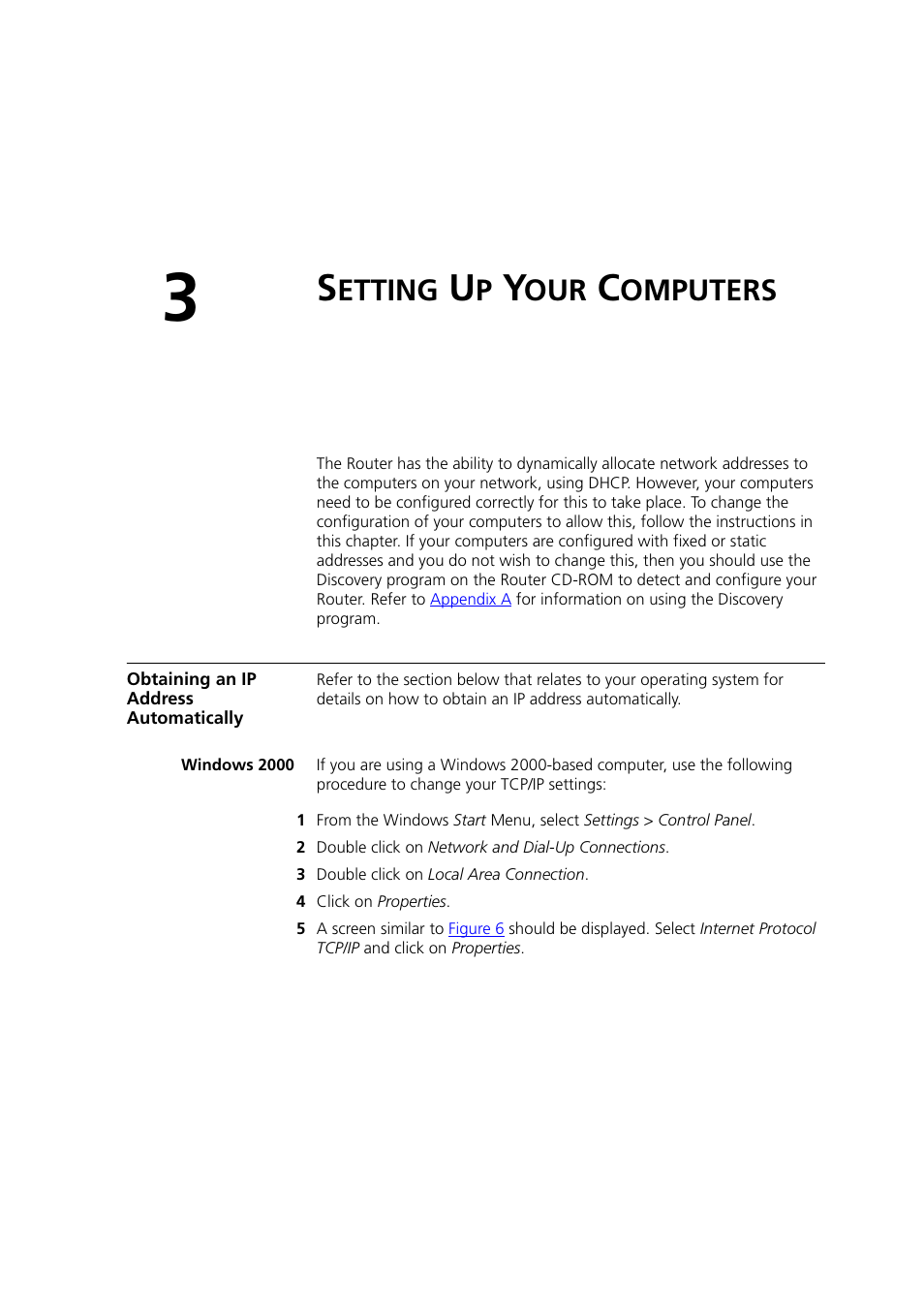 Setting up your computers, Obtaining an ip address automatically, Windows 2000 | Etting, Omputers | 3Com 3CRWDR200A-75 User Manual | Page 25 / 144