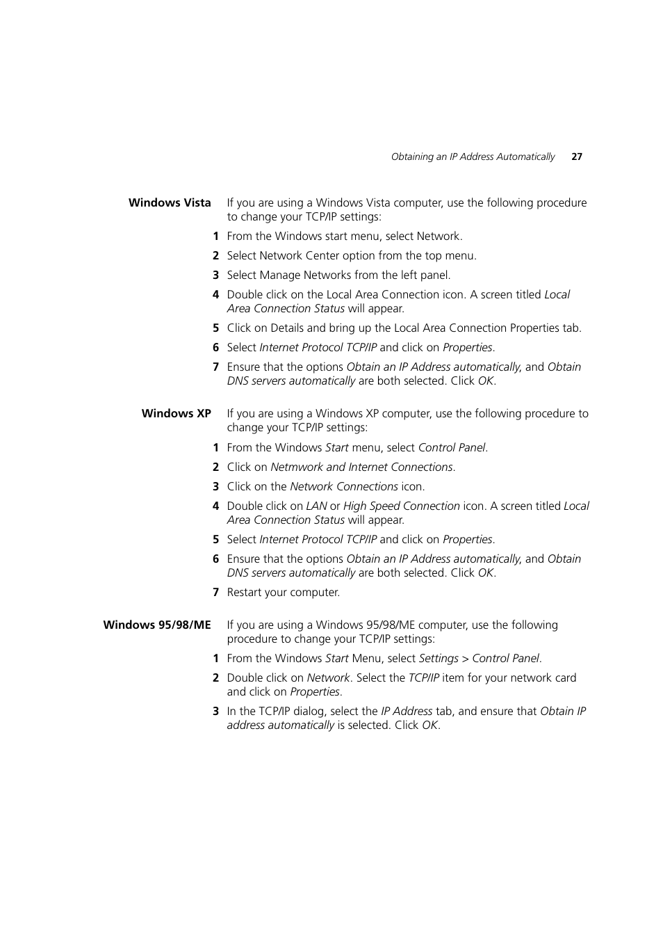 Windows vista, Windows xp, Windows 95/98/me | 3Com 3CRWDR200A-75 User Manual | Page 27 / 144