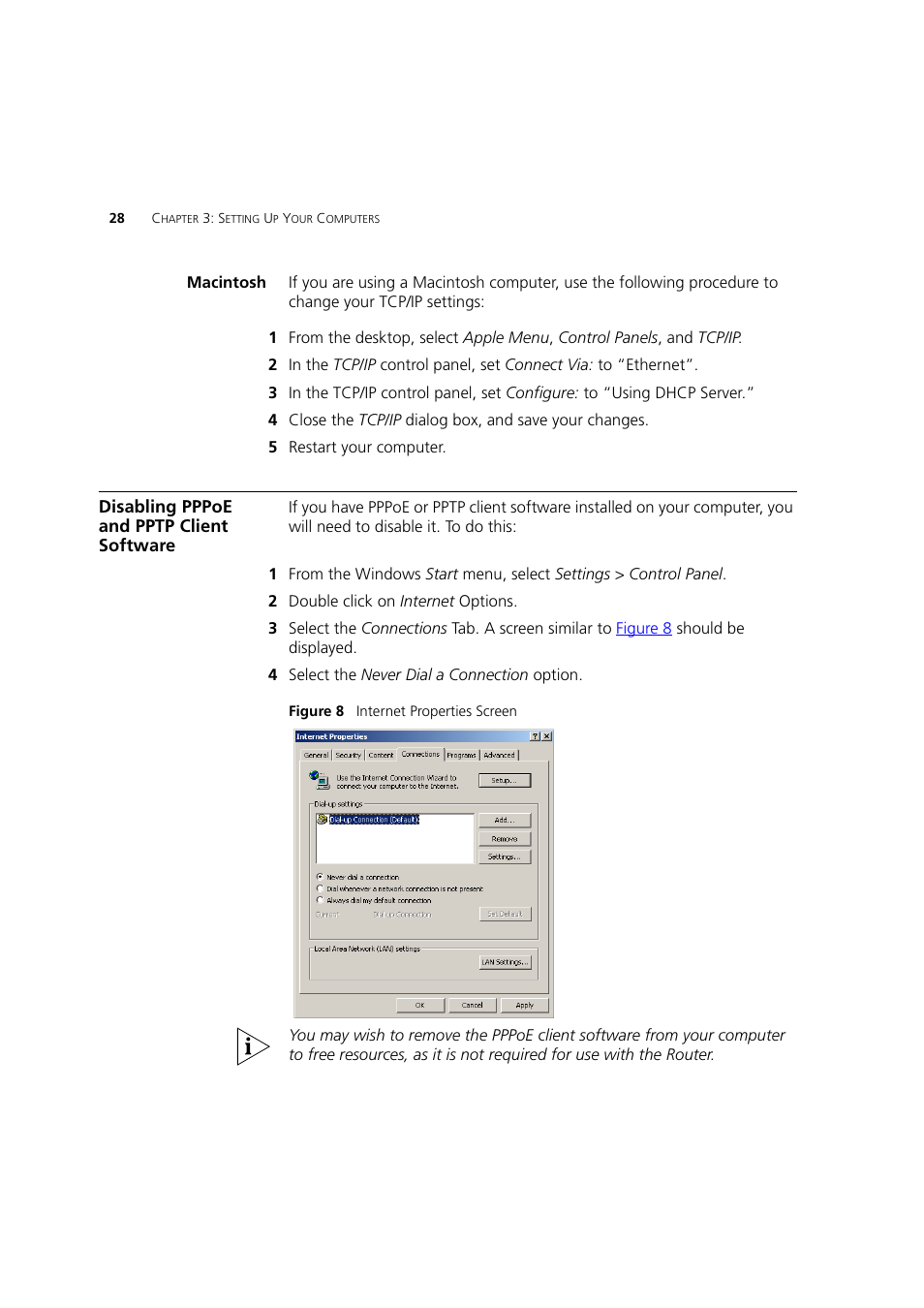 Macintosh, Disabling pppoe and pptp client software | 3Com 3CRWDR200A-75 User Manual | Page 28 / 144
