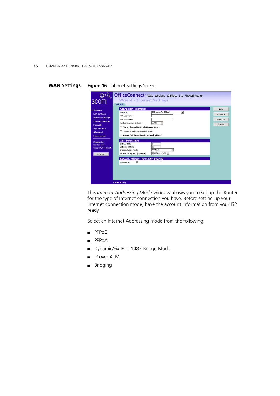 Wan settings | 3Com 3CRWDR200A-75 User Manual | Page 36 / 144