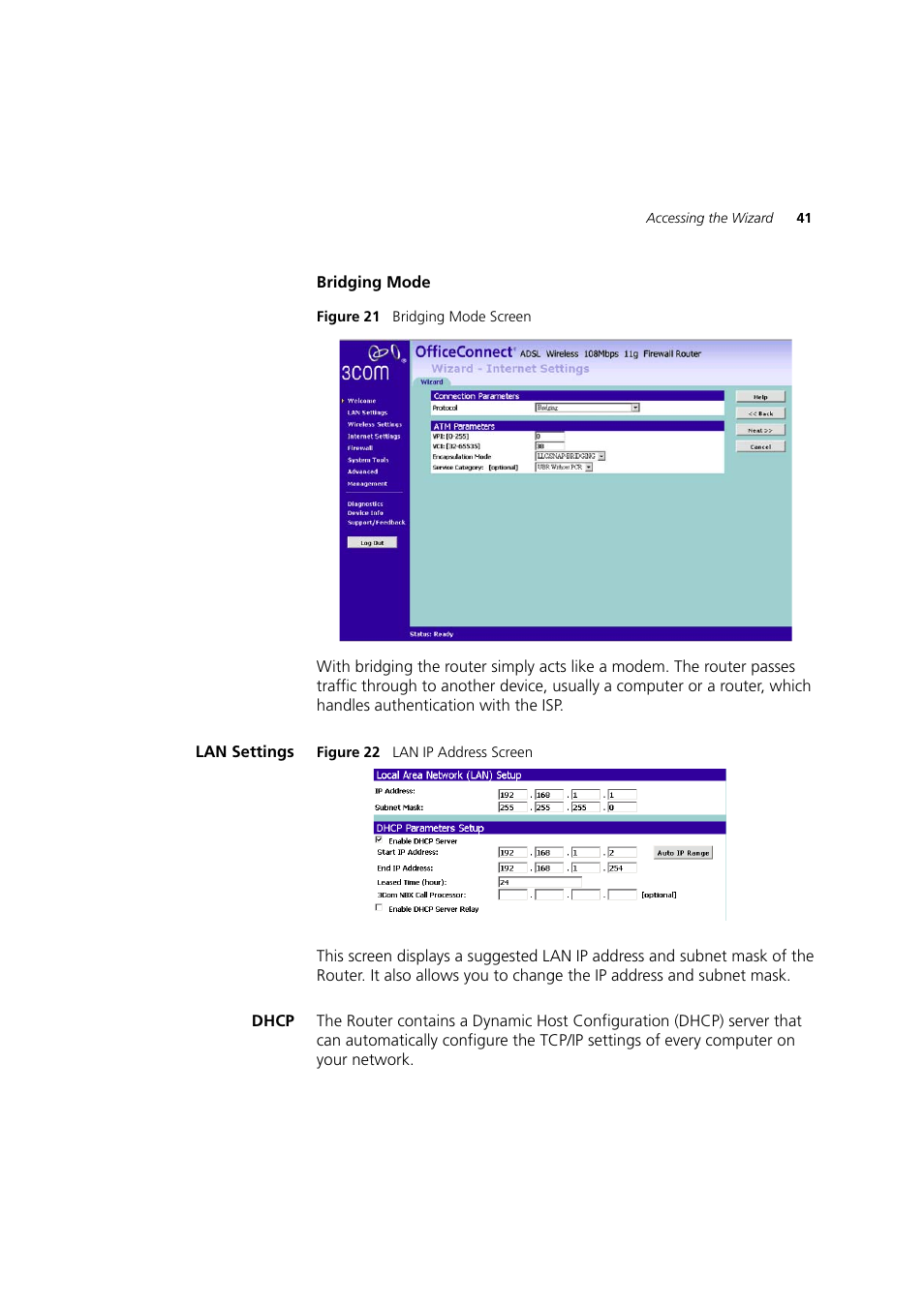 Lan settings, Dhcp | 3Com 3CRWDR200A-75 User Manual | Page 41 / 144