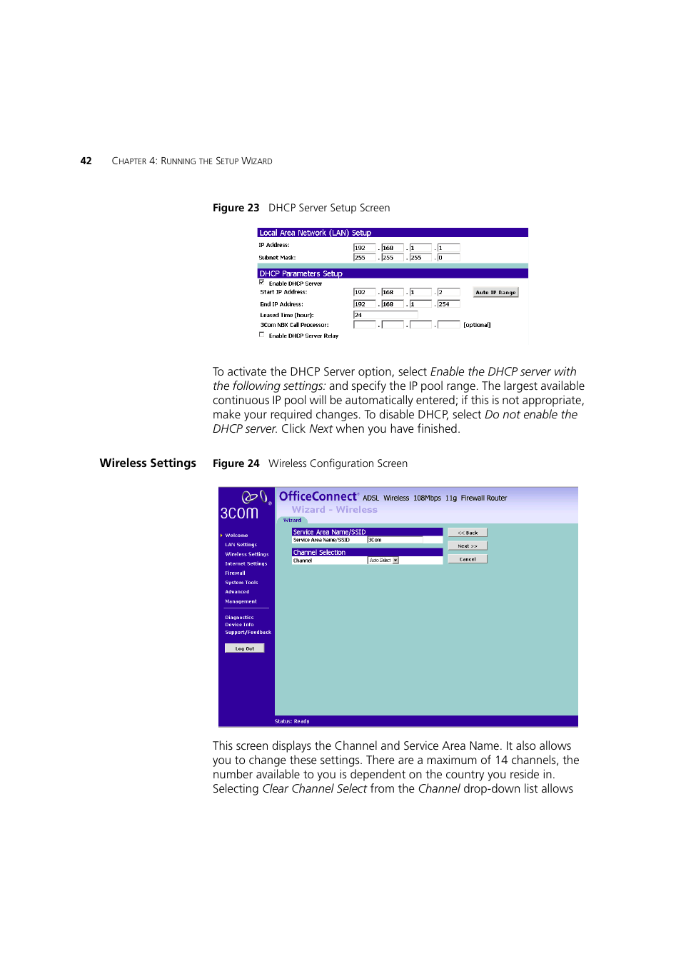 Wireless settings | 3Com 3CRWDR200A-75 User Manual | Page 42 / 144