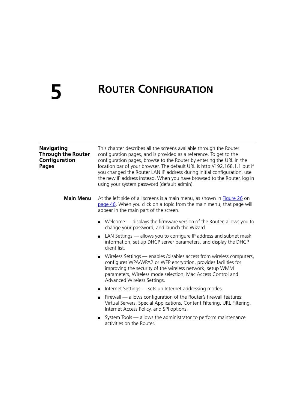 Router configuration, Main menu, Outer | Onfiguration, Chapter 5 | 3Com 3CRWDR200A-75 User Manual | Page 45 / 144