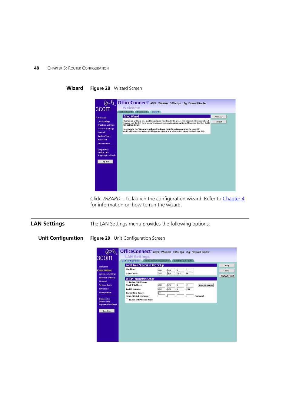 Wizard, Lan settings, Unit configuration | 3Com 3CRWDR200A-75 User Manual | Page 48 / 144