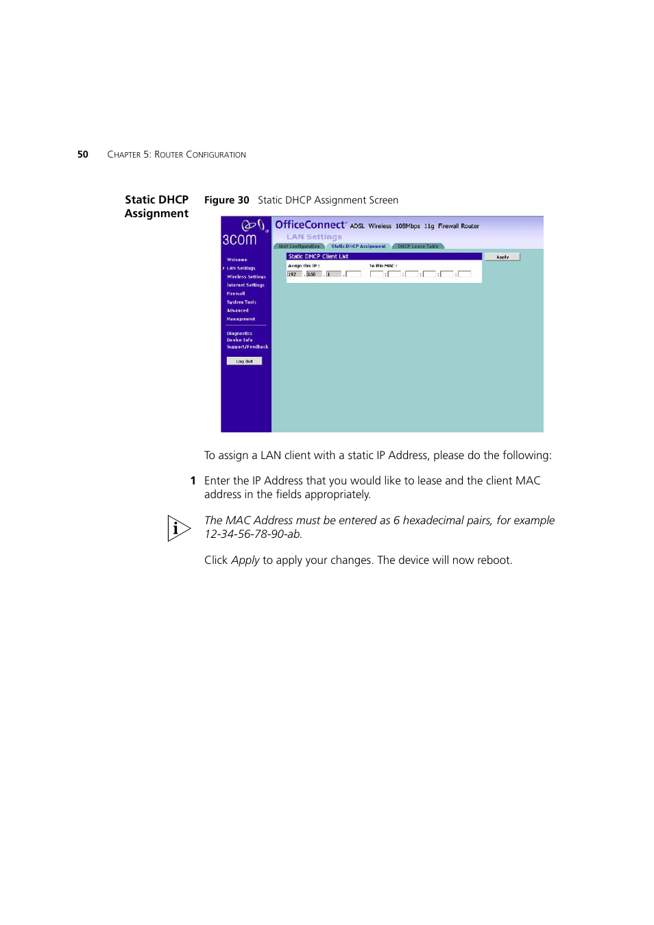 Static dhcp assignment | 3Com 3CRWDR200A-75 User Manual | Page 50 / 144