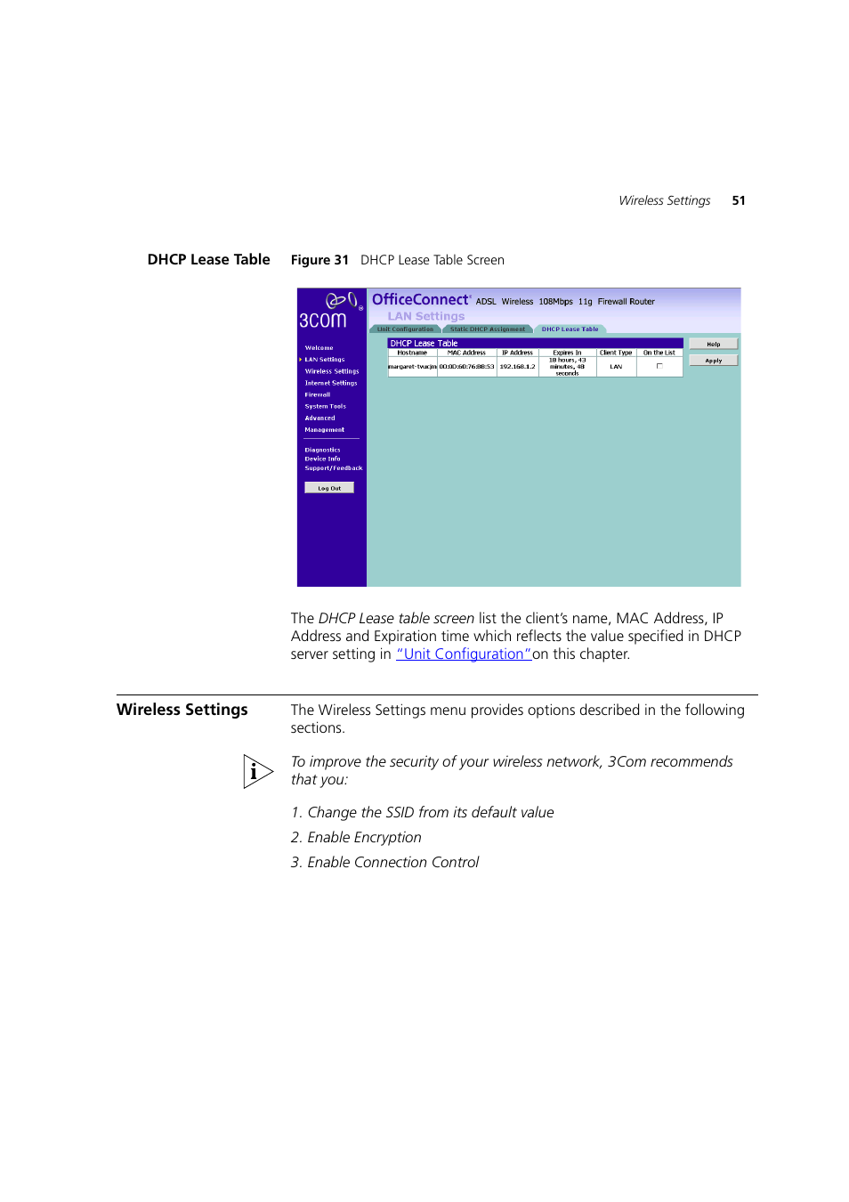 Dhcp lease table, Wireless settings, Dhcp lease | 3Com 3CRWDR200A-75 User Manual | Page 51 / 144