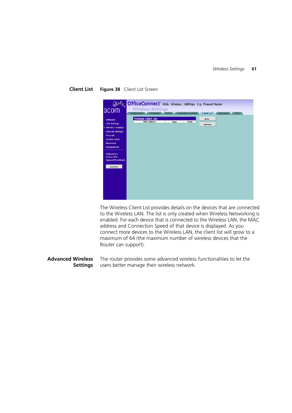 Client list, Advanced wireless settings | 3Com 3CRWDR200A-75 User Manual | Page 61 / 144