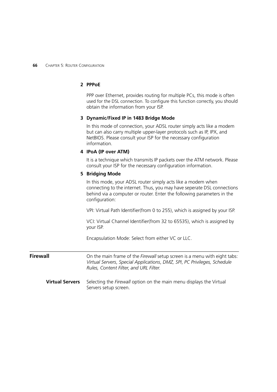 Firewall, Virtual servers | 3Com 3CRWDR200A-75 User Manual | Page 66 / 144