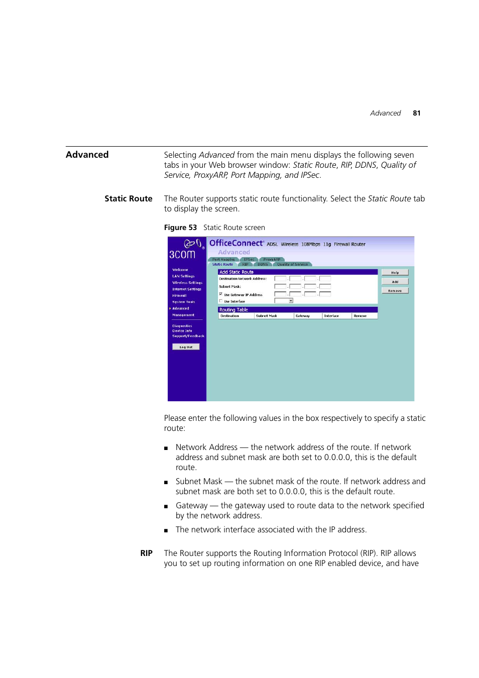 Advanced, Static route | 3Com 3CRWDR200A-75 User Manual | Page 81 / 144