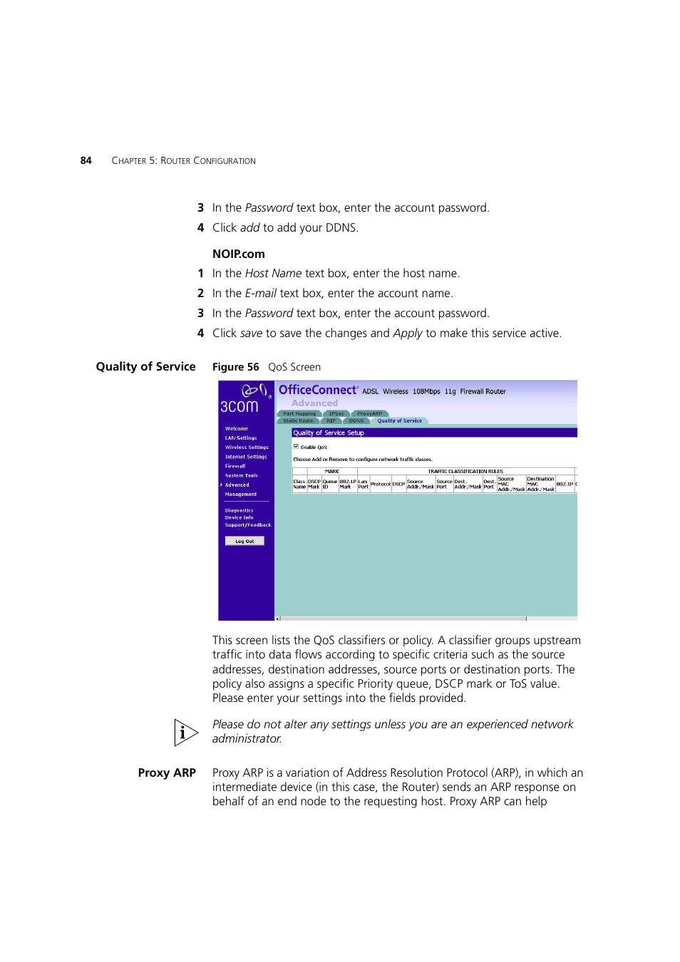 Quality of service, Proxy arp | 3Com 3CRWDR200A-75 User Manual | Page 84 / 144