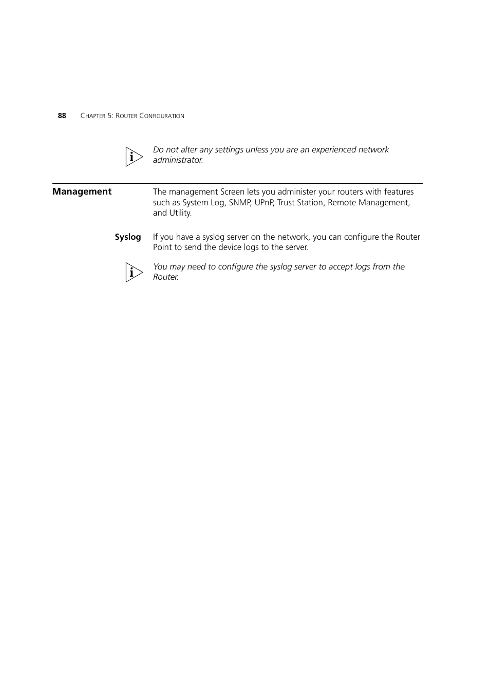 Management, Syslog | 3Com 3CRWDR200A-75 User Manual | Page 88 / 144