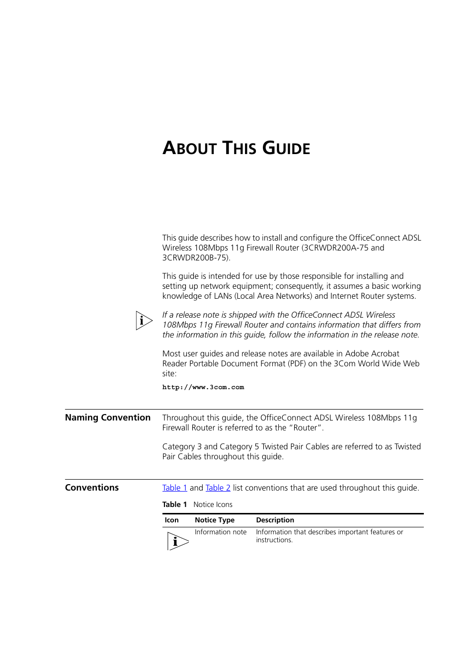 About this guide, Naming convention, Conventions | Bout, Uide | 3Com 3CRWDR200A-75 User Manual | Page 9 / 144